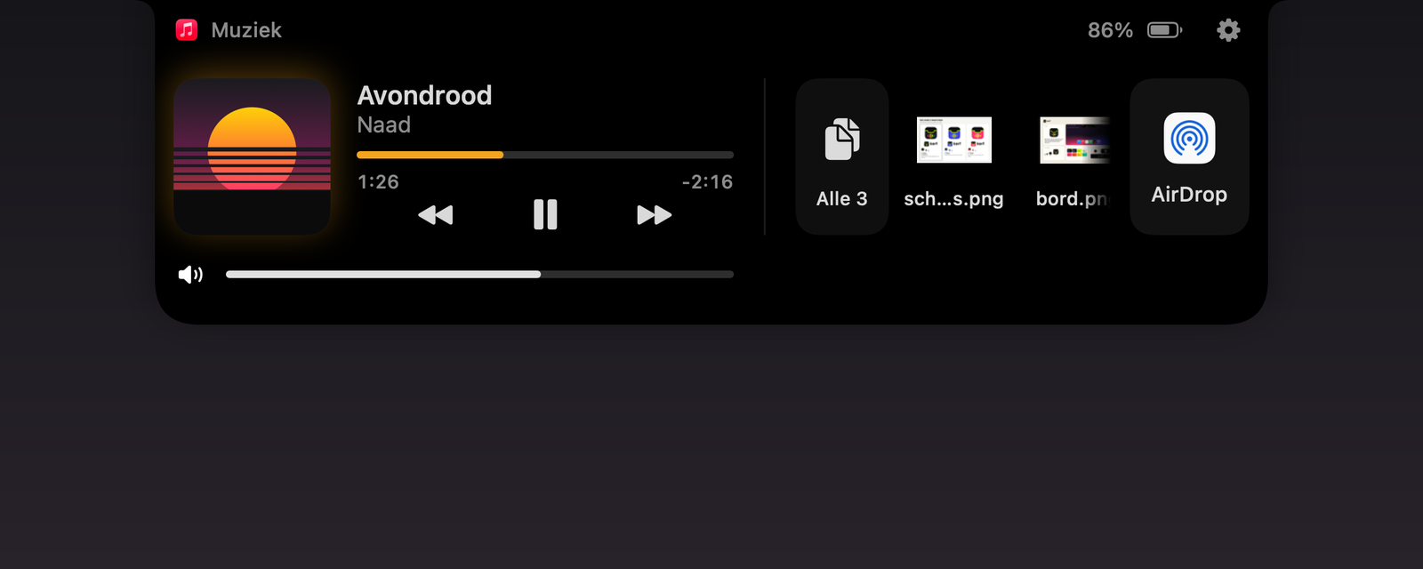 De open notch van Kerf met speler, shelf en AirDrop
